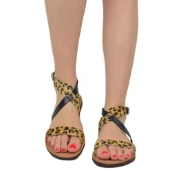 Sandali Salentini in Pelle Cavallino Leopardata con Soletta Cuoio