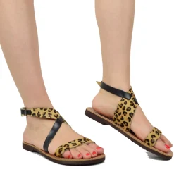Sandali Salentini in Pelle Cavallino Leopardata con Soletta Cuoio