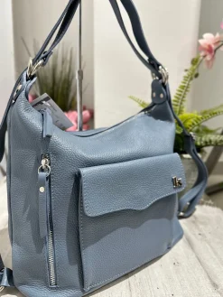 Shoulder Bag that becomes Backpack in Real Leather Blue Jeans Logo K F