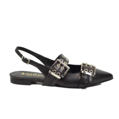 Slingback Piatte Fibbione a Punta Eleganti Vera Pelle Nera Décolletée