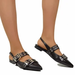 Slingback Piatte Fibbione a Punta Eleganti Vera Pelle Nera Décolletée
