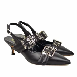 Slingback Tacco 5 cm Fibbione a Punta Eleganti Vera Pelle Nera Décolle