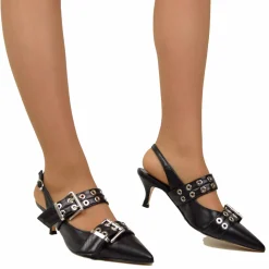 Slingback Tacco 5 cm Fibbione a Punta Eleganti Vera Pelle Nera Décolle