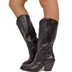 Smooth Elegant Texan High Boots in Black Genuine Leather 9 cm Heel