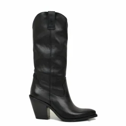 Smooth Elegant Texan High Boots in Black Genuine Leather 9 cm Heel