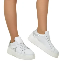 Sneakers Bianche Dettagli Argento Vera Pelle Punta Tonda Divine Follie