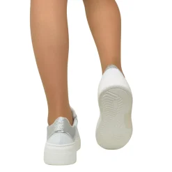 Sneakers Bianche Dettagli Argento Vera Pelle Punta Tonda Divine Follie