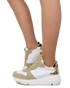 Sneakers Bianche e Beige Donna con Pelle Scamosciata animalier