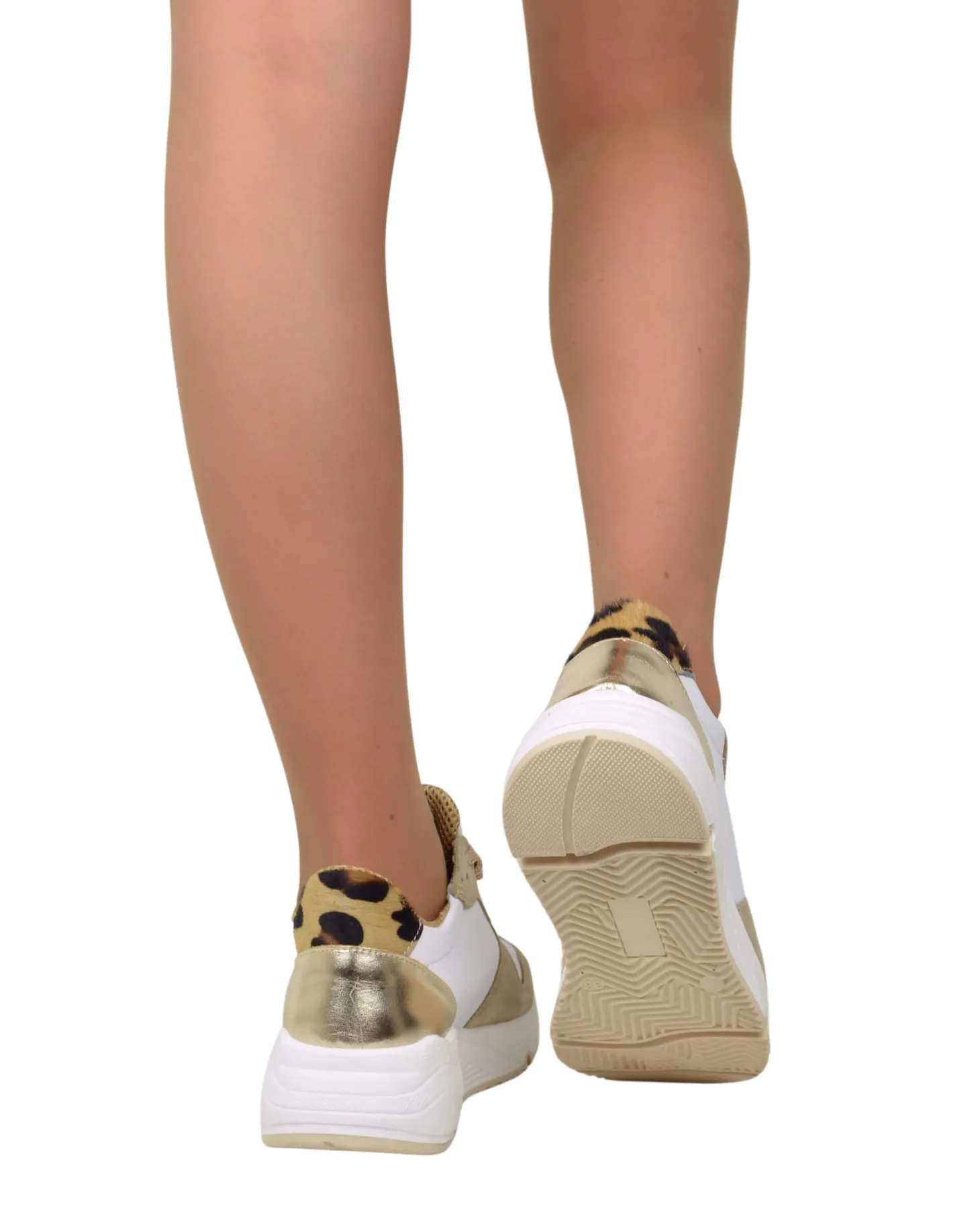 Sneakers Bianche e Beige Donna con Pelle Scamosciata animalier