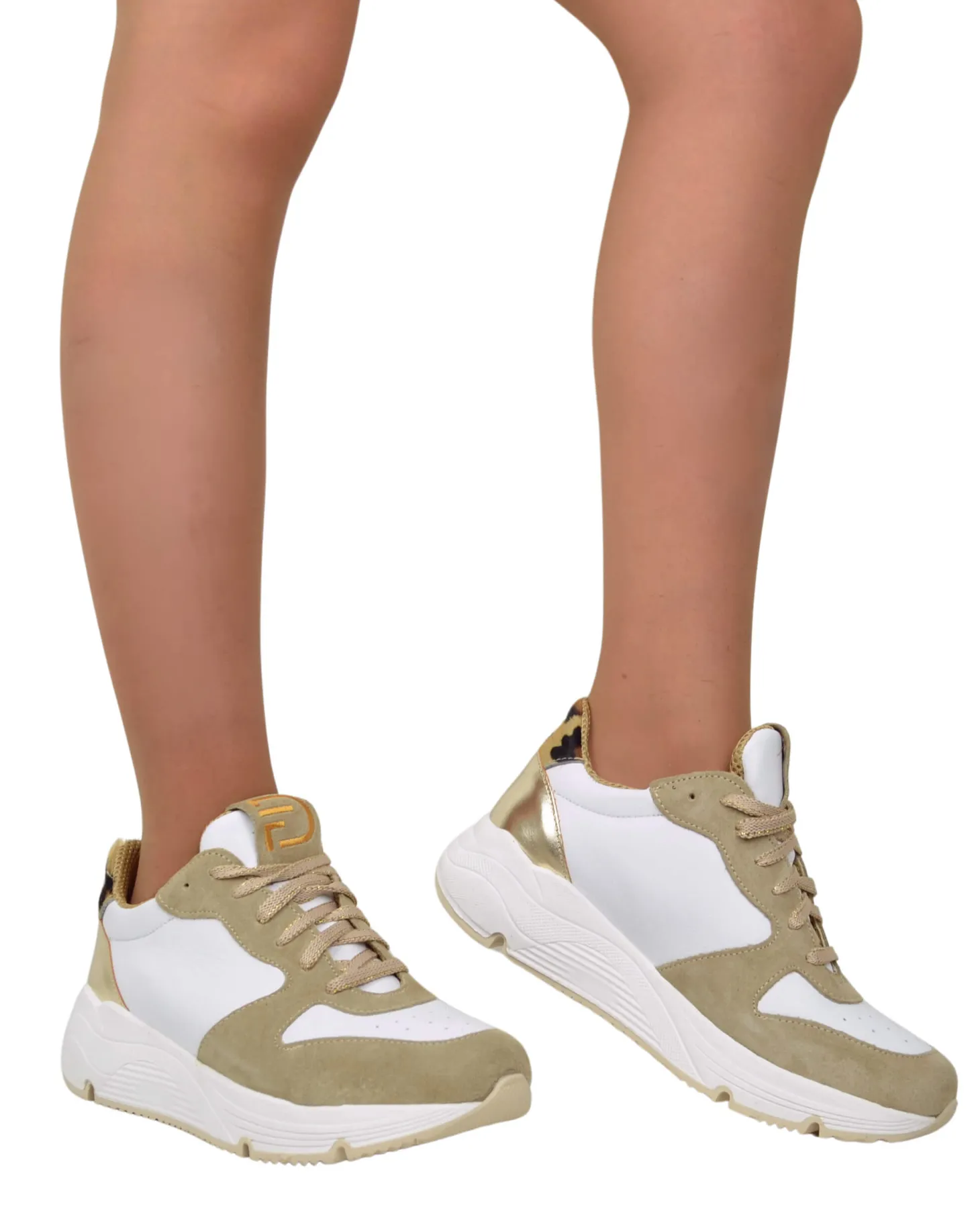 Sneakers Bianche e Beige Donna con Pelle Scamosciata animalier