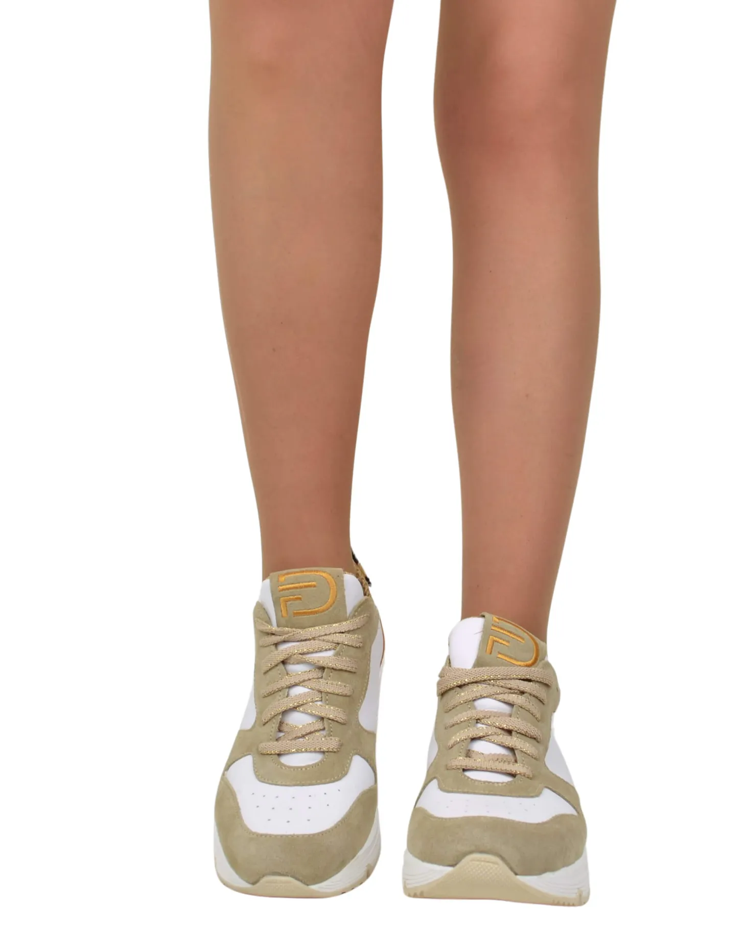Sneakers Bianche e Beige Donna con Pelle Scamosciata animalier