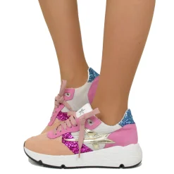 Sneakers Glitter in Pelle Scamosciata Pink Fondo Platform Morbido