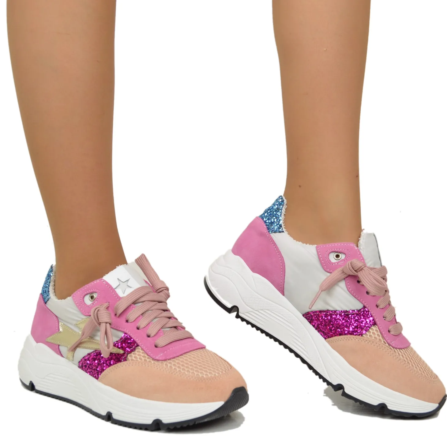 Sneakers Glitter in Pelle Scamosciata Pink Fondo Platform Morbido