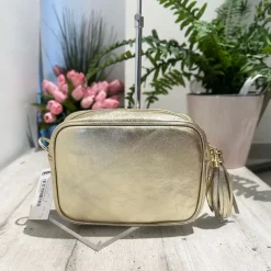 Soap Bag with Tassel and Zip GENUINE LEATHER Platinum with shoulder st