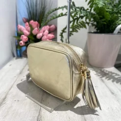 Soap Bag with Tassel and Zip GENUINE LEATHER Platinum with shoulder st