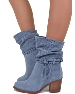 Soft Perforated Ankle Boots – Summer Suede Booties – 7 cm Heel – Denim