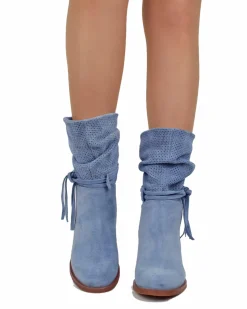 Soft Perforated Ankle Boots – Summer Suede Booties – 7 cm Heel – Denim