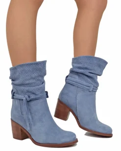 Soft Perforated Ankle Boots – Summer Suede Booties – 7 cm Heel – Denim