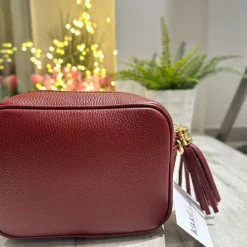 Square Bag with Tassel and Zip REAL LEATHER Bordeaux Red with shoulder