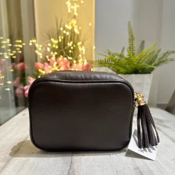 Square Bag with Tassel and Zip GENUINE LEATHER Dark Brown with shoulde