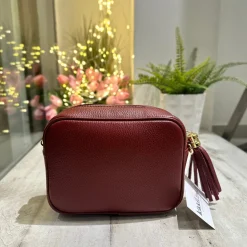 Square Bag with Tassel and Zip REAL LEATHER Bordeaux Red with shoulder