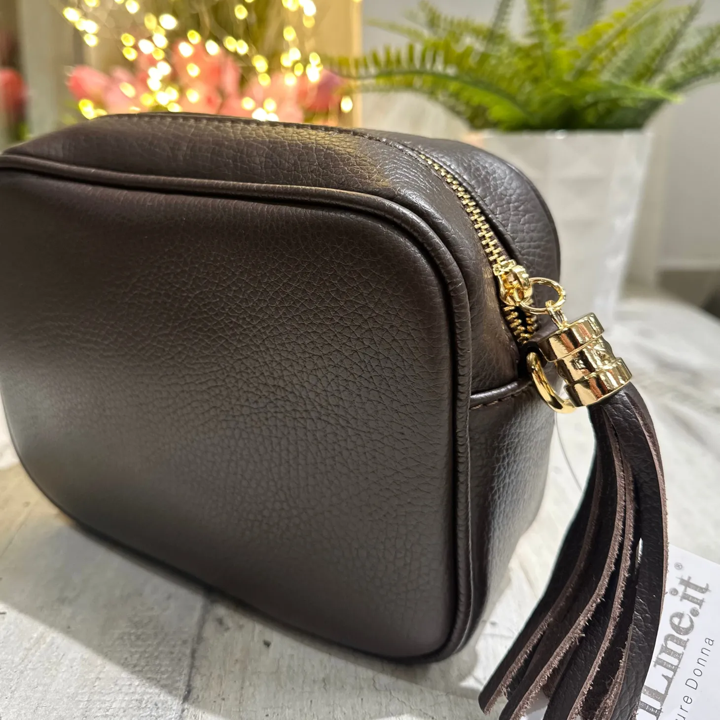 Square Bag with Tassel and Zip GENUINE LEATHER Dark Brown with shoulde