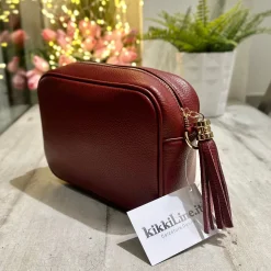 Square Bag with Tassel and Zip REAL LEATHER Bordeaux Red with shoulder