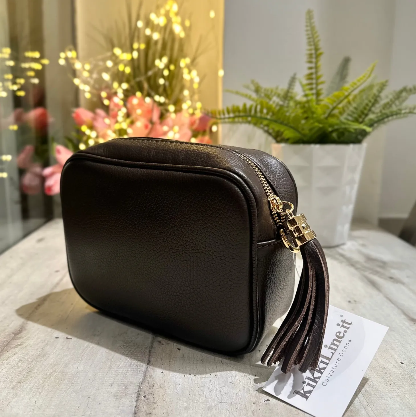 Square Bag with Tassel and Zip GENUINE LEATHER Dark Brown with shoulde