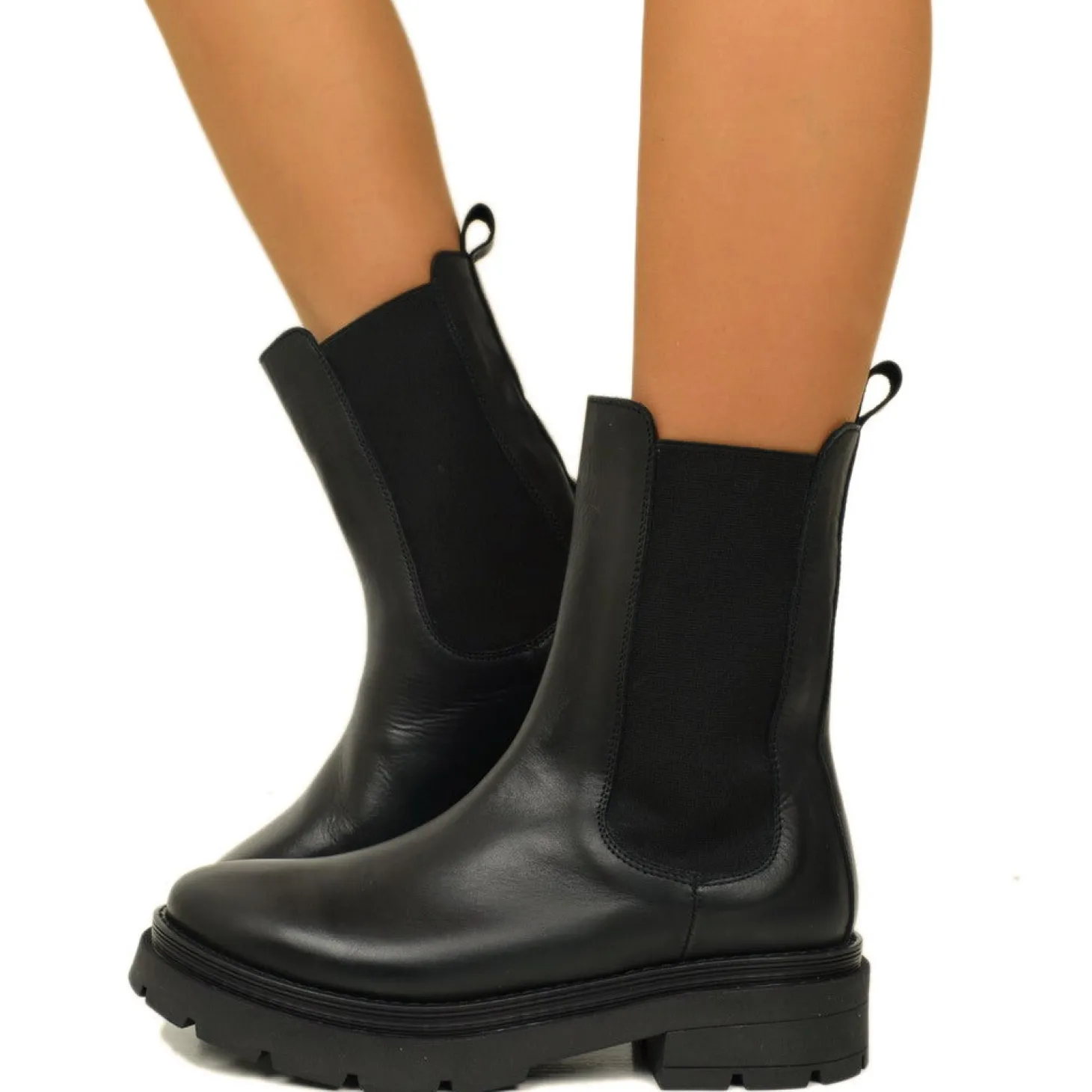 Stivaletti Beatles con Inserti Elasticizzati in Pelle Nera