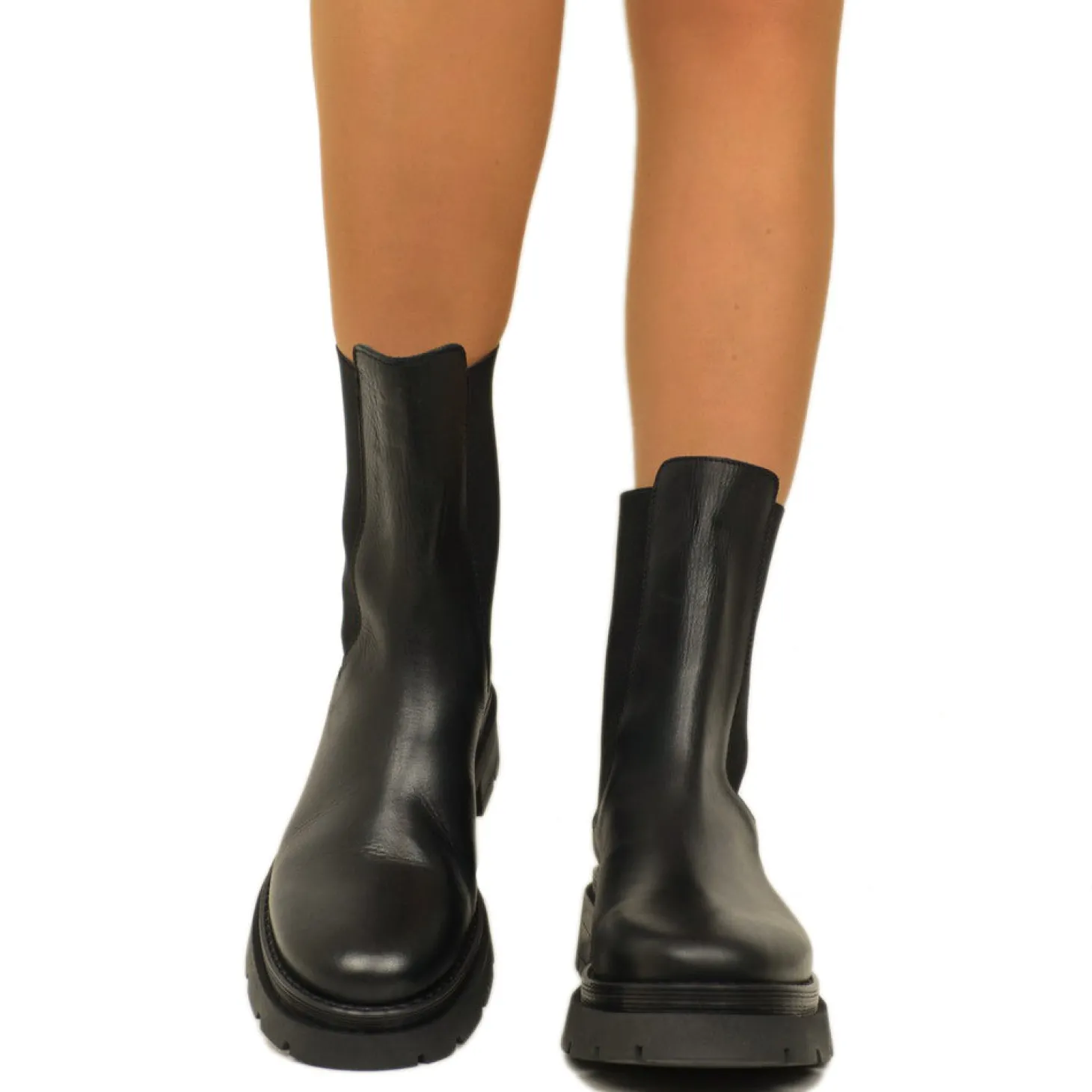 Stivaletti Beatles con Inserti Elasticizzati in Pelle Nera