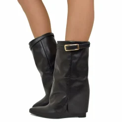 Stivaletti con Ghetta e Fibbia Dorata Zeppa Alta 9 Cm VERA PELLE