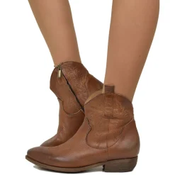 Stivaletti Texani Donna con Zip in Pelle Marrone Vintage