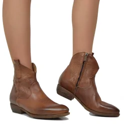 Stivaletti Texani Donna con Zip in Pelle Marrone Vintage