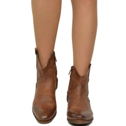 Stivaletti Texani Donna con Zip in Pelle Marrone Vintage