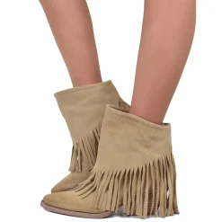 Stivaletti Texani Donna in Scamosciati Beige con Frange Made in Italy