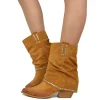 Stivaletti Texani Donna in Pelle Scamosciata Cuoio con Borchie