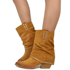 Stivaletti Texani Donna in Pelle Scamosciata Cuoio con Borchie