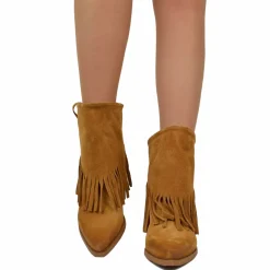 Stivaletti Texani Donna in Scamosciati Cuoio con Frange Made in Italy