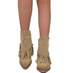 Stivaletti Texani Donna in Scamosciati Beige con Frange Made in Italy