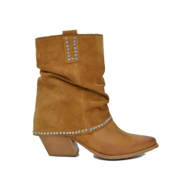 Stivaletti Texani Donna in Pelle Scamosciata Cuoio con Borchie