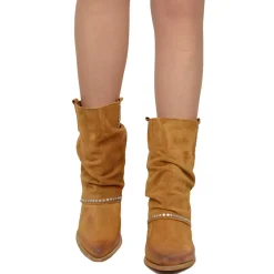 Stivaletti Texani Donna in Pelle Scamosciata Cuoio con Borchie