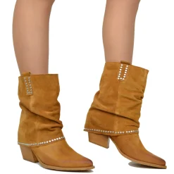 Stivaletti Texani Donna in Pelle Scamosciata Cuoio con Borchie