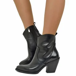 Stivaletti Texani Tronchetti Donna Tacco 9 cm in Pelle Neri Made in It
