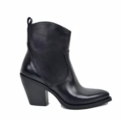 Stivaletti Texani Tronchetti Donna Tacco 9 cm in Pelle Neri Made in It