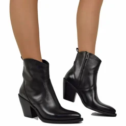 Stivaletti Texani Tronchetti Donna Tacco 9 cm in Pelle Neri Made in It