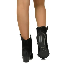 Stivaletti Texanini alla Caviglia in Camoscio Nero Effetto Tacco 5 cm