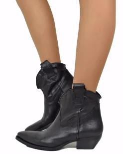 Stivaletti Texanini in Vera Pelle Nero Effetto Stropicciato Tacco 5 cm