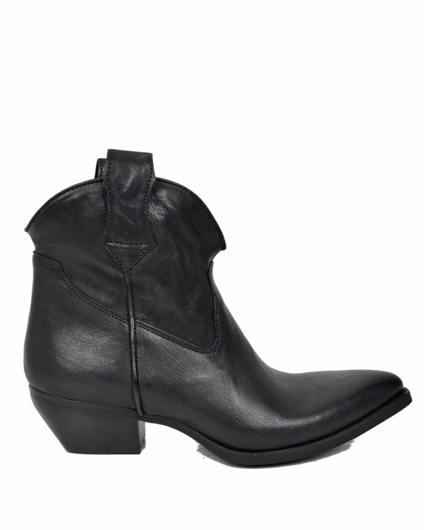 Stivaletti Texanini in Vera Pelle Nero Effetto Stropicciato Tacco 5 cm