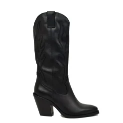 Stivali Alti Texani in Pelle Total Black Gambale Morbido Tacco 8 cm