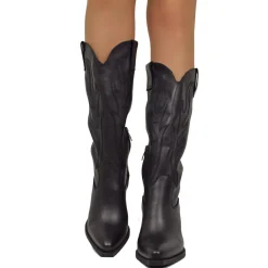 Stivali Alti Texani in Pelle Total Black Gambale Morbido Tacco 8 cm